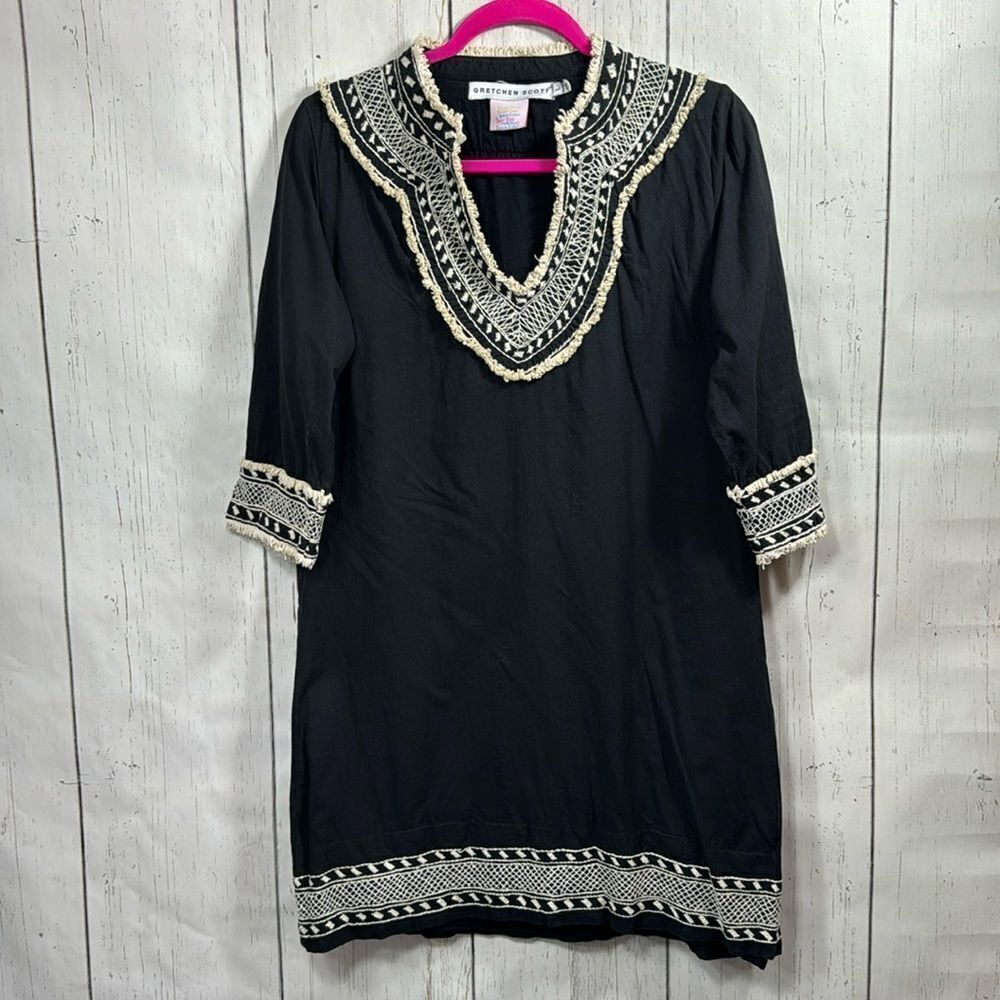 Gretchen Scott Black Embroidered Tunic Dress Boho Resort Preppy Coastal Vacation